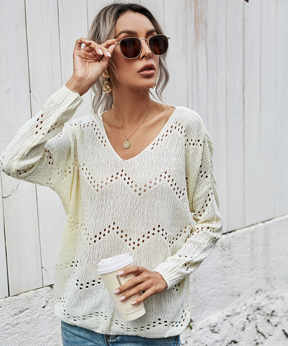 ZARA Womens Solid Color Loose Crew Neck Pullover Openwork Knit Sweater